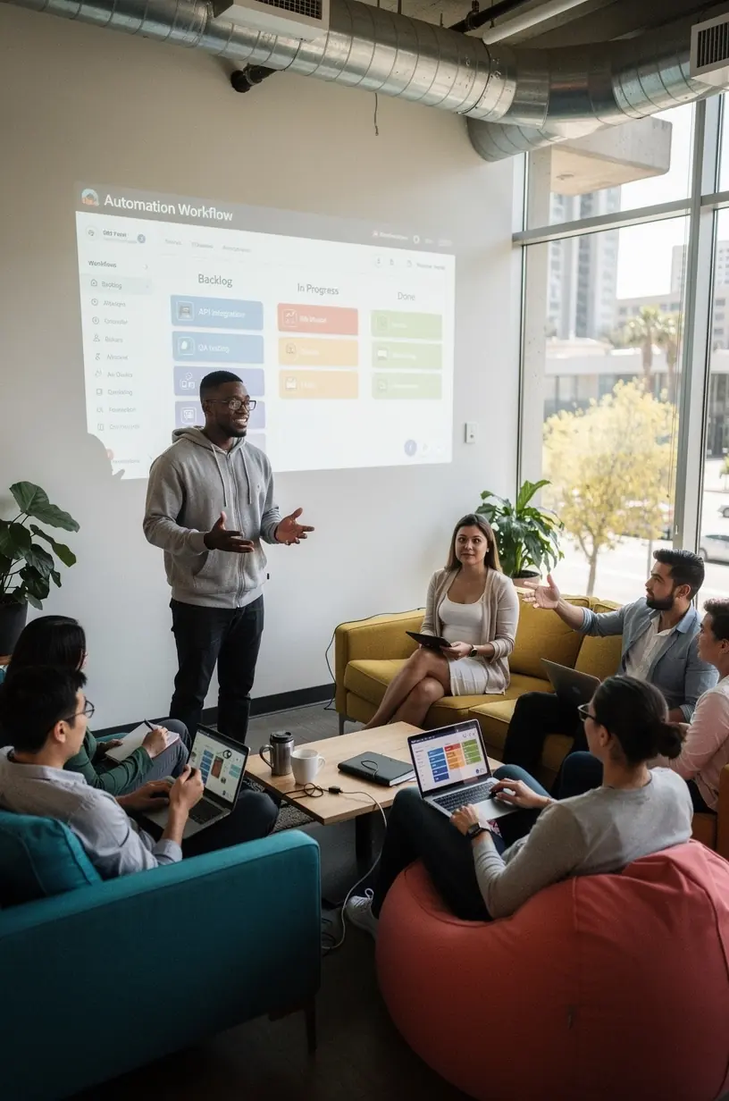 Image of a team collaborating with digital tools to optimize software workflows and reduce errors.