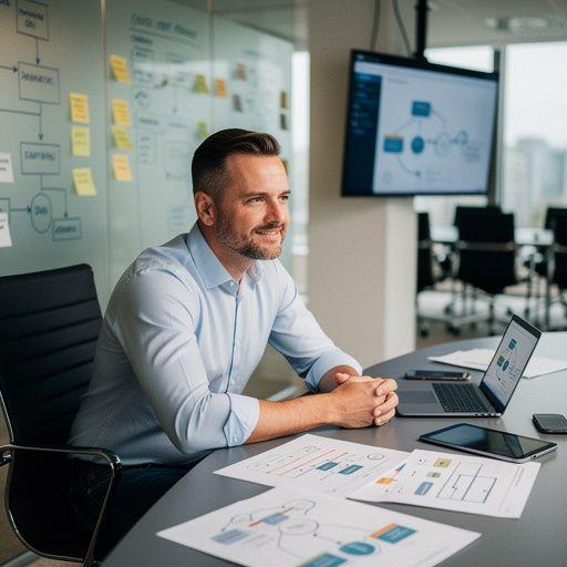 Professional analyzing data on a computer screen with automation scripts running in the background.